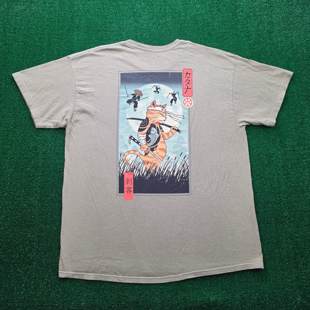 Threadless Samurai Katana Cat Japanese Ukiyo-e Tshirt Mens Large Tan Olive